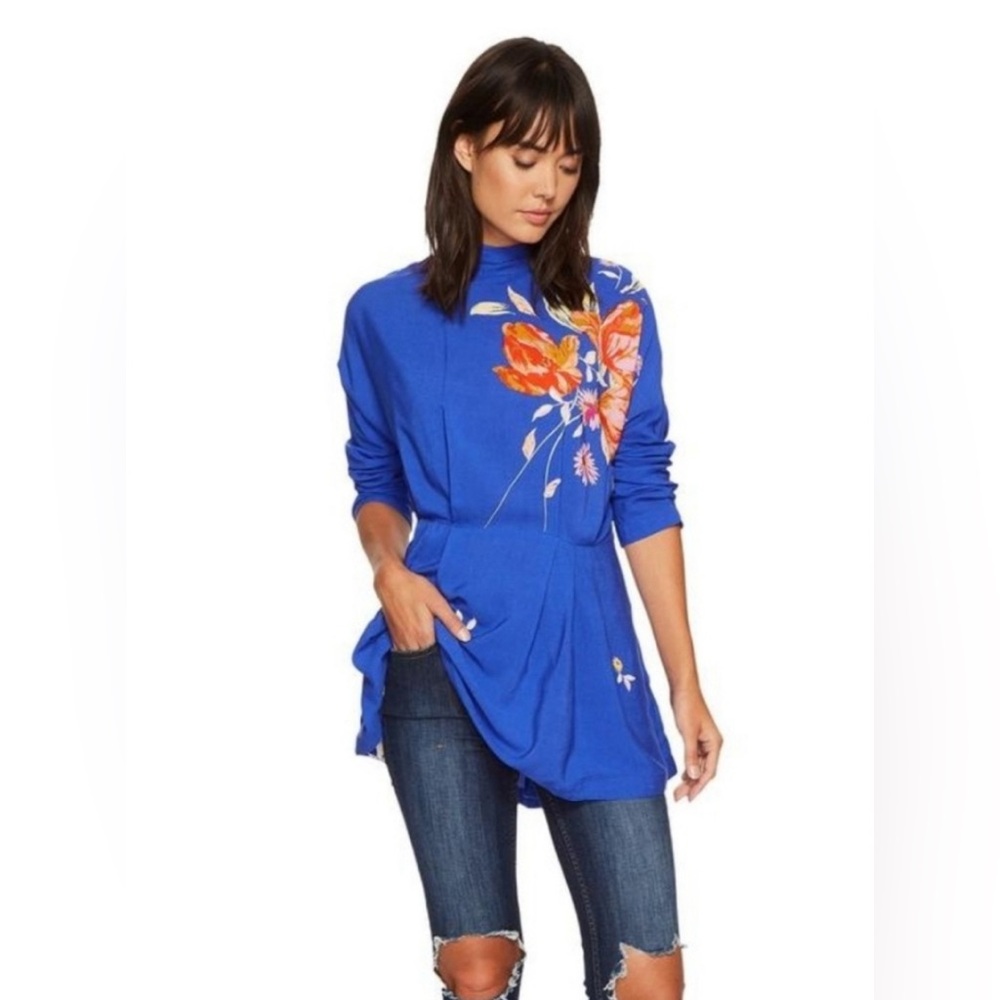 FREE PEOPLE Womens Blue Floral Long Sleeve Tie Neck Mini Dress